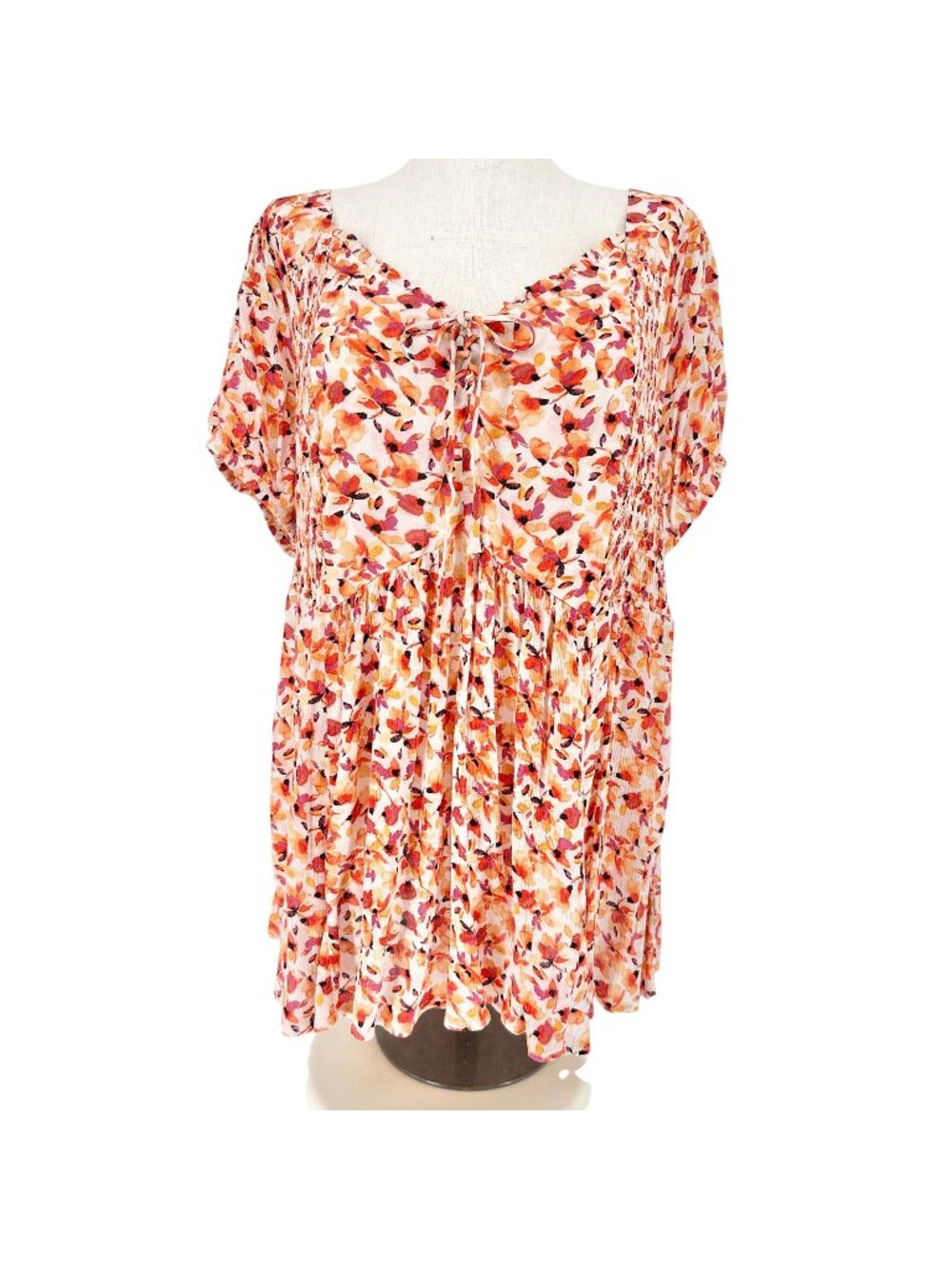 Torrid 3 Crinkle Babydoll Top Womens 22-24 Pink Floral SS Tie Front Rayon Boho